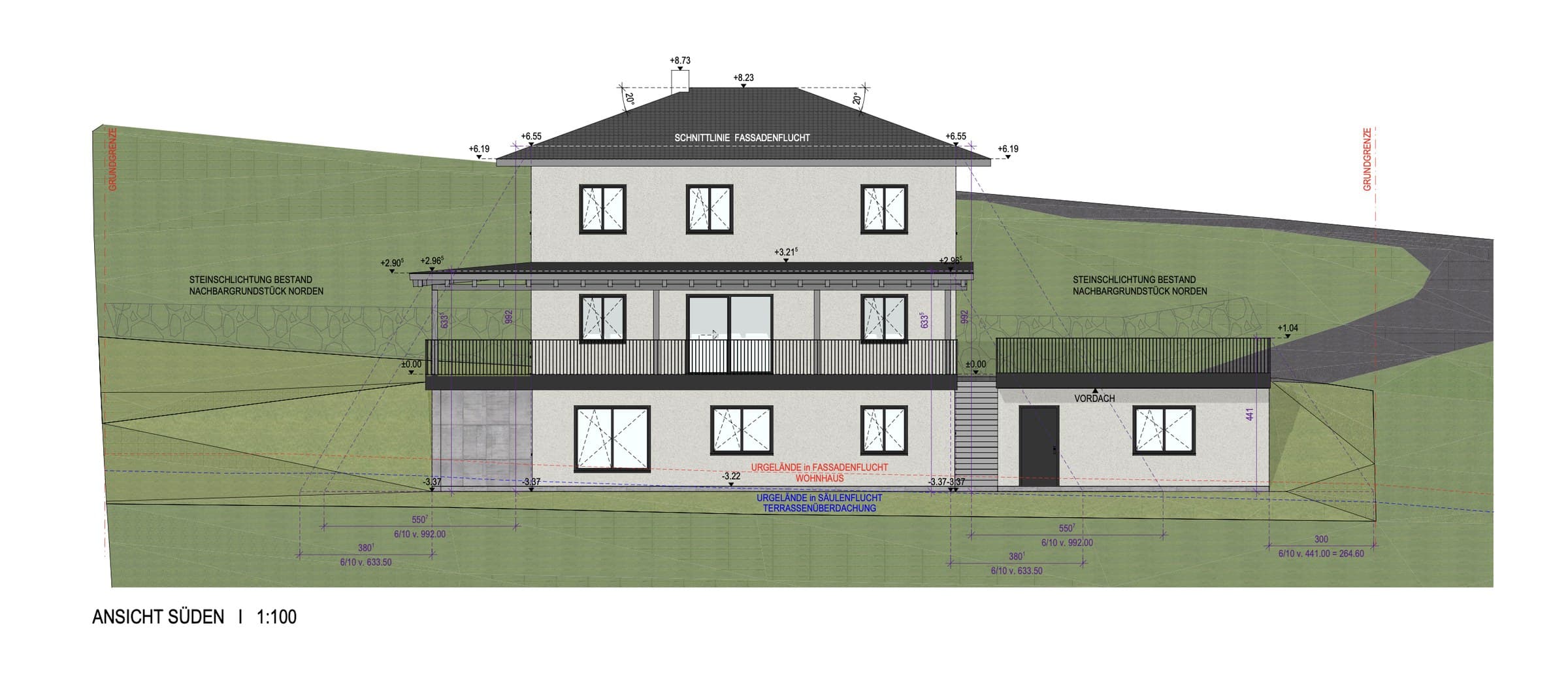 Bauplan: Ansicht Süden im Maßstab 1:100. Das Haus am Hang mit Walmdach, Balkon und überdachter Terrasse; im Untergeschoss liegt der Praxisbereich, rechts der Anbau mit Eingangstür und Vordach.
