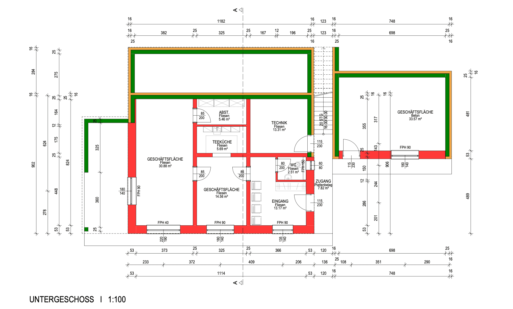 Bauplan: Grundriss des Untergeschosses im Maßstab 1:100 mit dem Praxisbereich. Zu sehen sind zwei Geschäftsflächen mit 30,88 m² und 14,56 m², Teeküche, Abstellraum, Technik, WC, Eingang und Zugang sowie rechts eine weitere Geschäftsfläche mit 33,57 m².