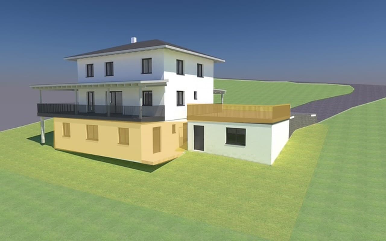 Visualisierung des neuen Hauses, Ansicht 1. Gelb markiert sind der Praxisbereich im unteren Geschoss und der Praxisparkplatz auf dem Anbau.