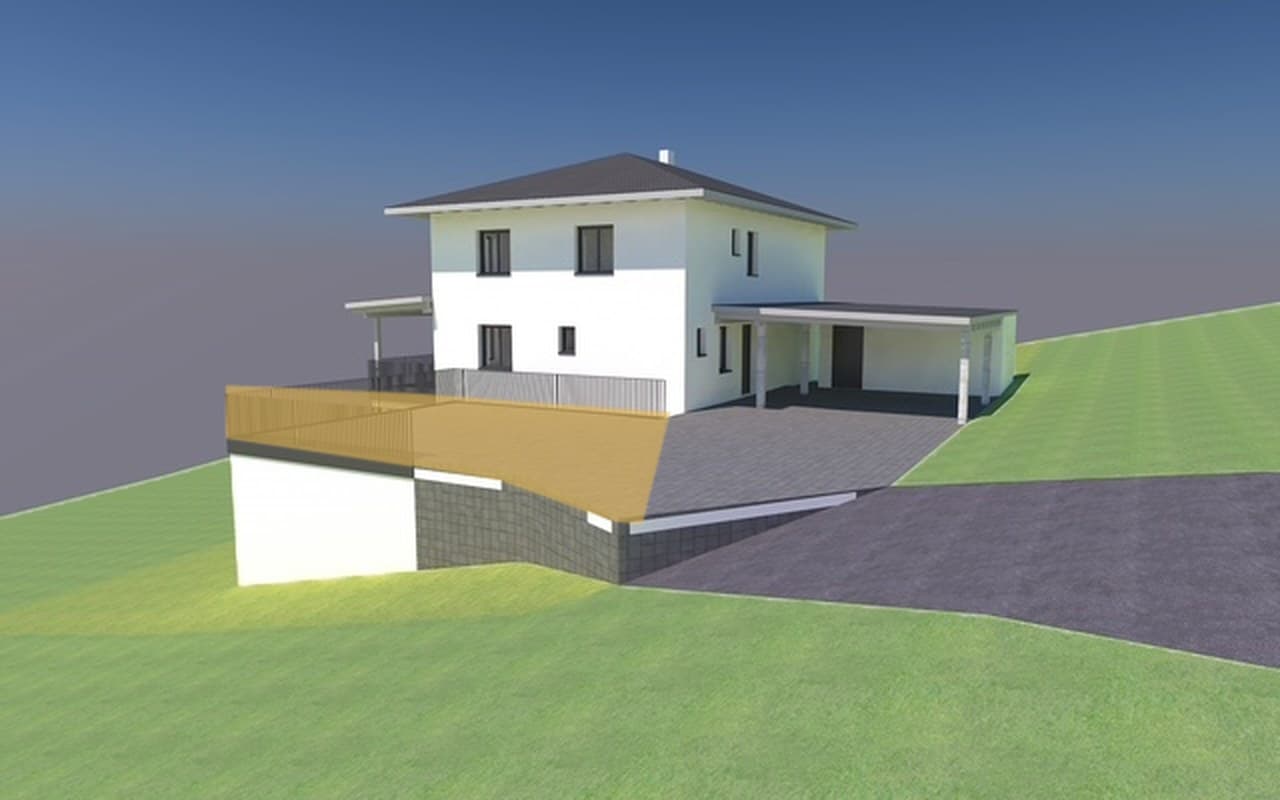 Visualisierung des neuen Hauses, Ansicht 2. Gelb markiert ist der Praxisparkplatz auf dem Anbau.