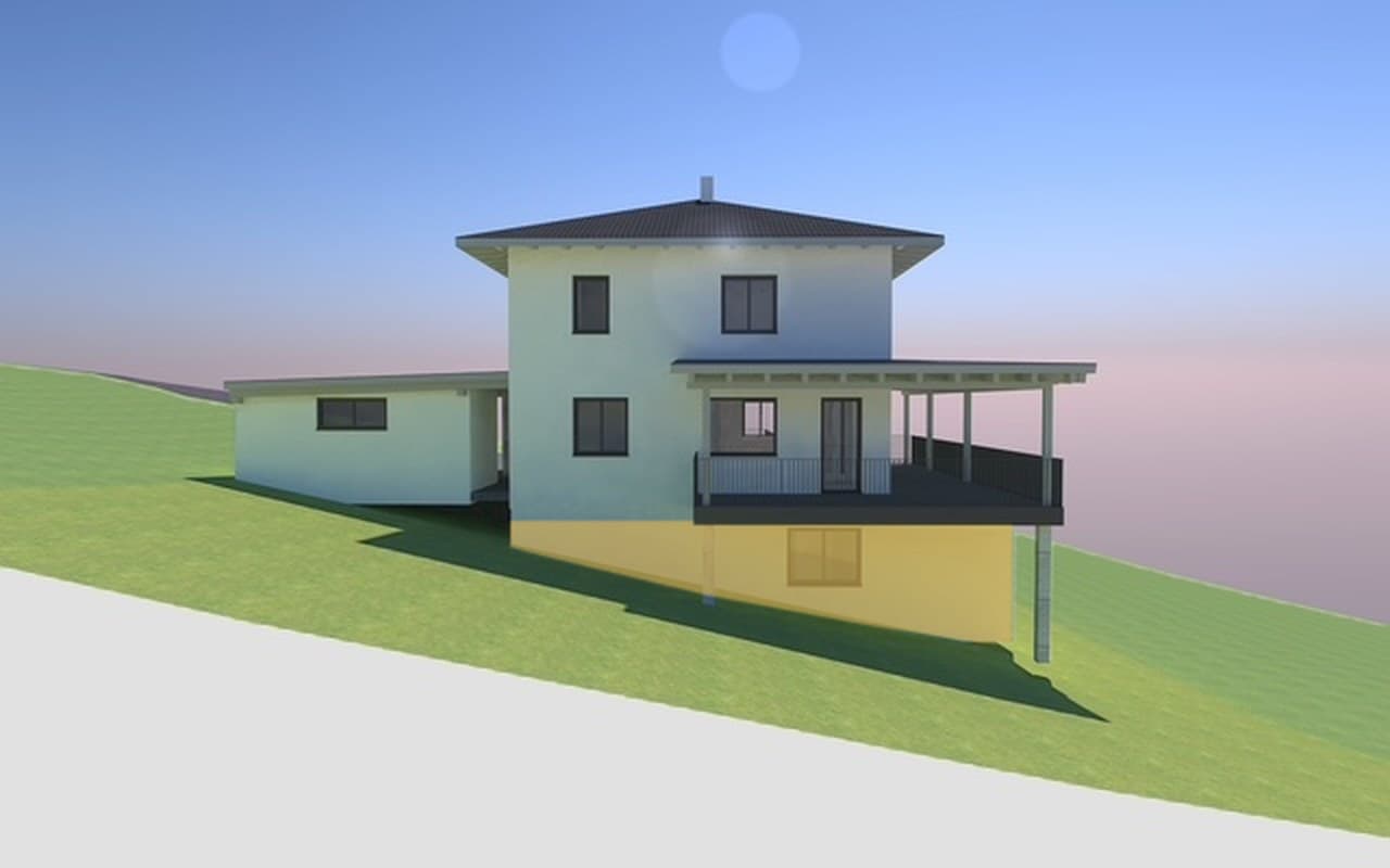 Visualisierung des neuen Hauses, Ansicht 3. Der Praxisbereich im unteren Geschoss ist gelb markiert.