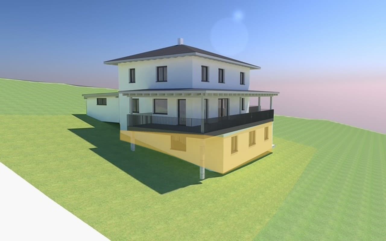 Visualisierung des neuen Hauses, Ansicht 4. Der Praxisbereich im unteren Geschoss ist gelb markiert.
