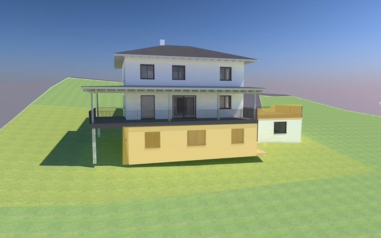 Visualisierung des neuen Hauses, Ansicht 5. Gelb markiert sind der Praxisbereich im unteren Geschoss und der Praxisparkplatz auf dem Anbau.